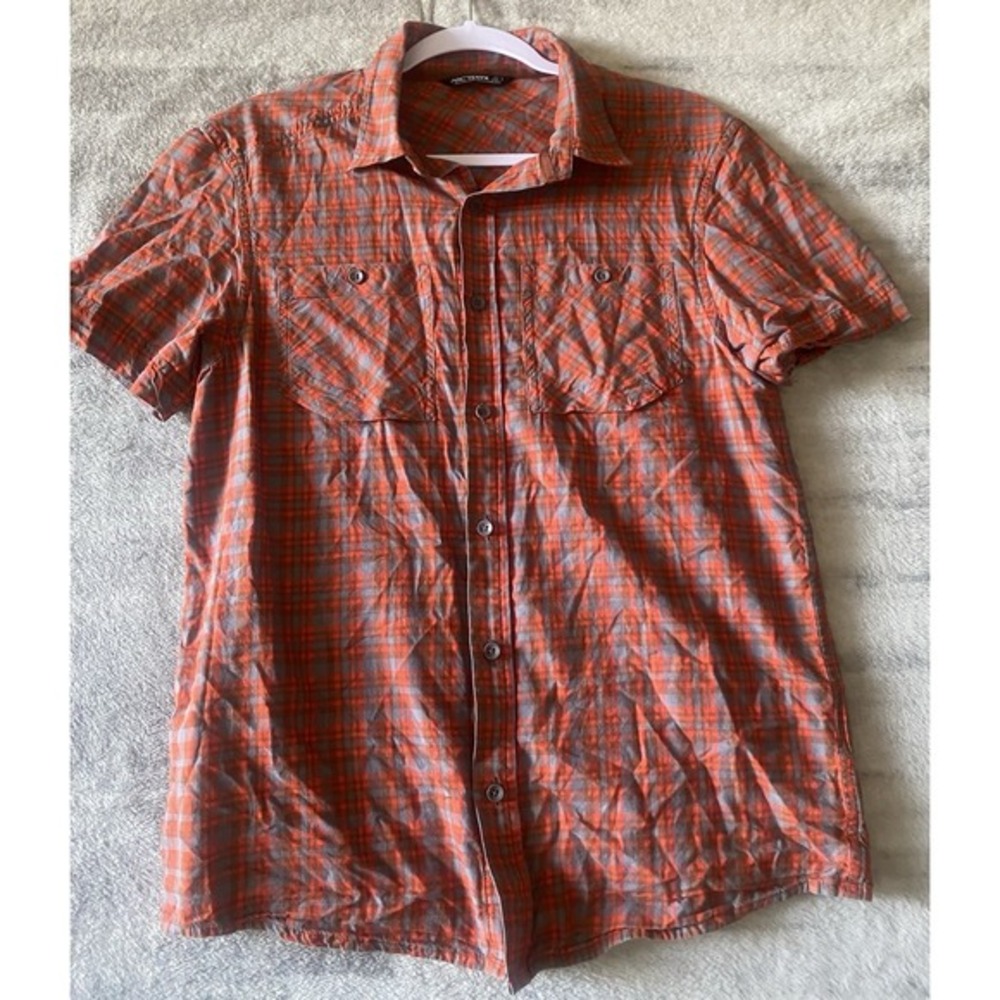 Arcteryx Mens Small Orange Grey Plaid Cotton Wool Short Sleeve Button Down Shirt